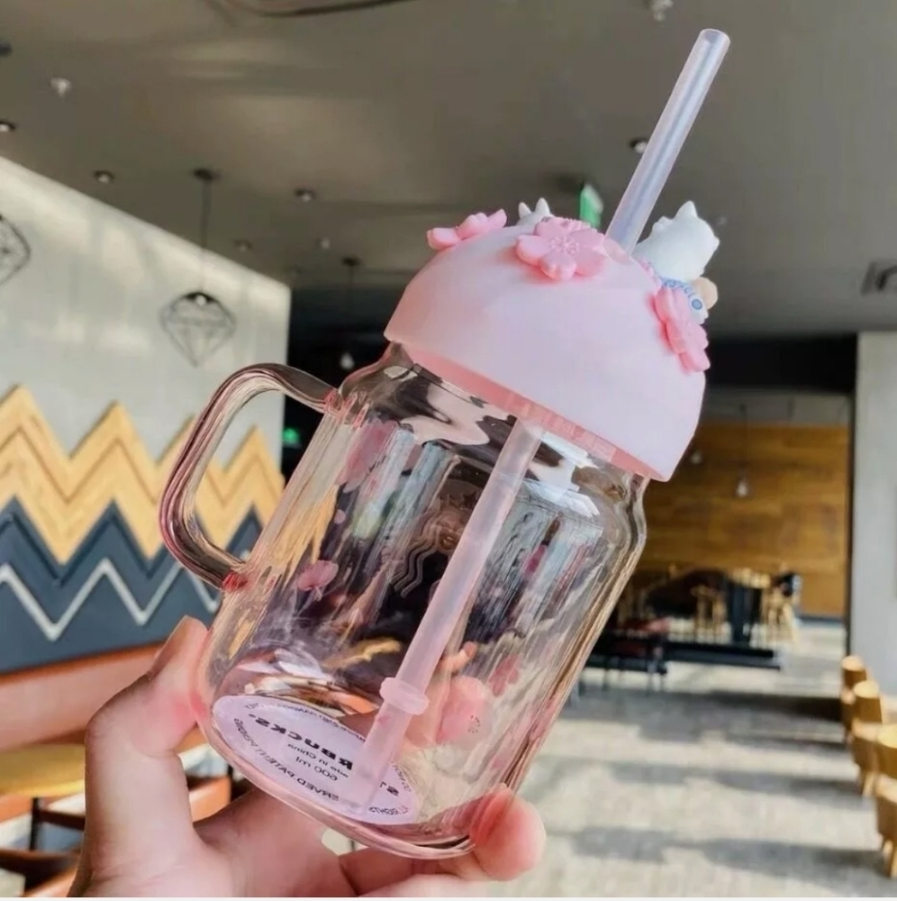 ☆STARBUCKS PINK GLASS SAKURA CAT MUG☆ - Picture 3 of 5